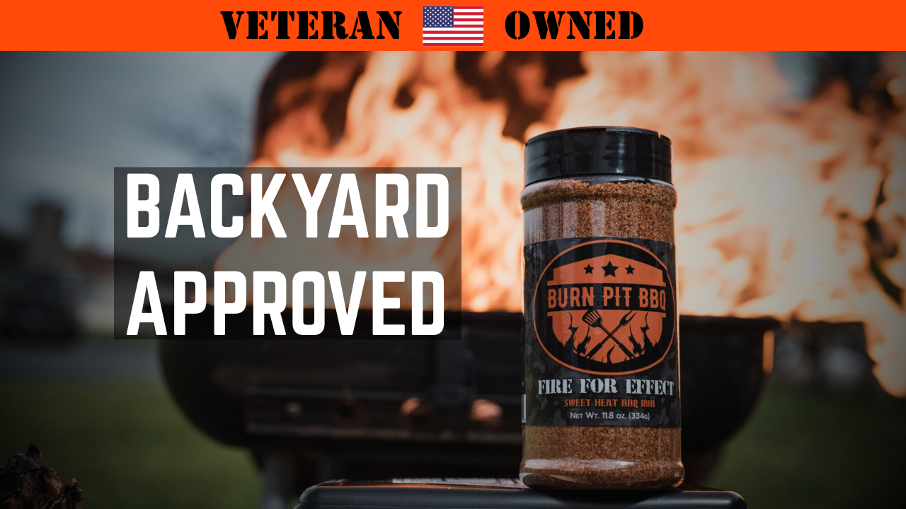 Jar of 'Burn Pit Boy' fire fuel effect with 'Backyard Approved' text and 'Veteran Owned' banner.