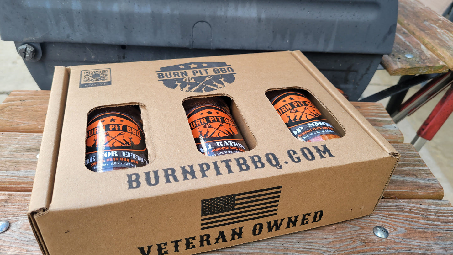 Burn Pit BBQ 3-Pack Gift Box, Memphis Style BBQ Rub, Fire For Effect Sweet Heat Rub, and All Ration All-Purpose BBQ Seasoning, 3 Count Variety Pack