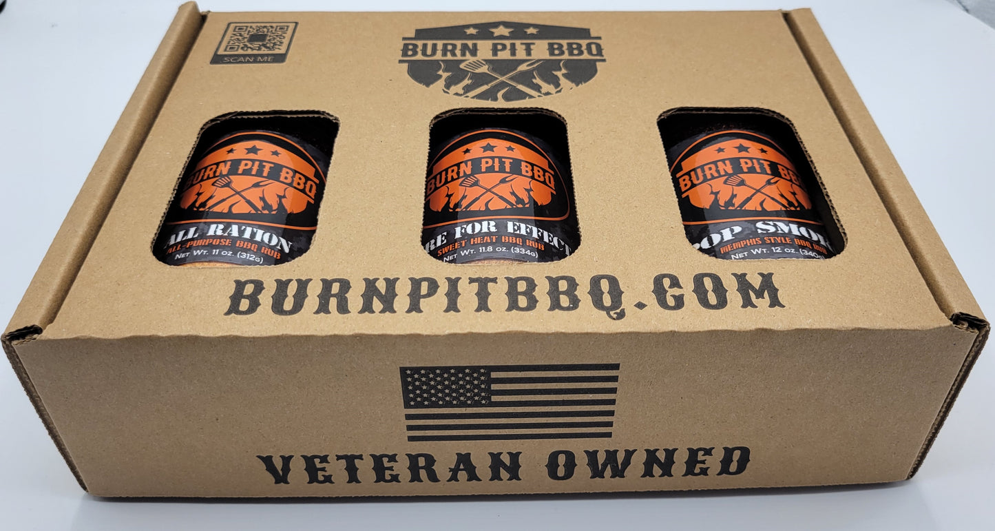 Burn Pit BBQ 3-Pack Gift Box, Memphis Style BBQ Rub, Fire For Effect Sweet Heat Rub, and All Ration All-Purpose BBQ Seasoning, 3 Count Variety Pack