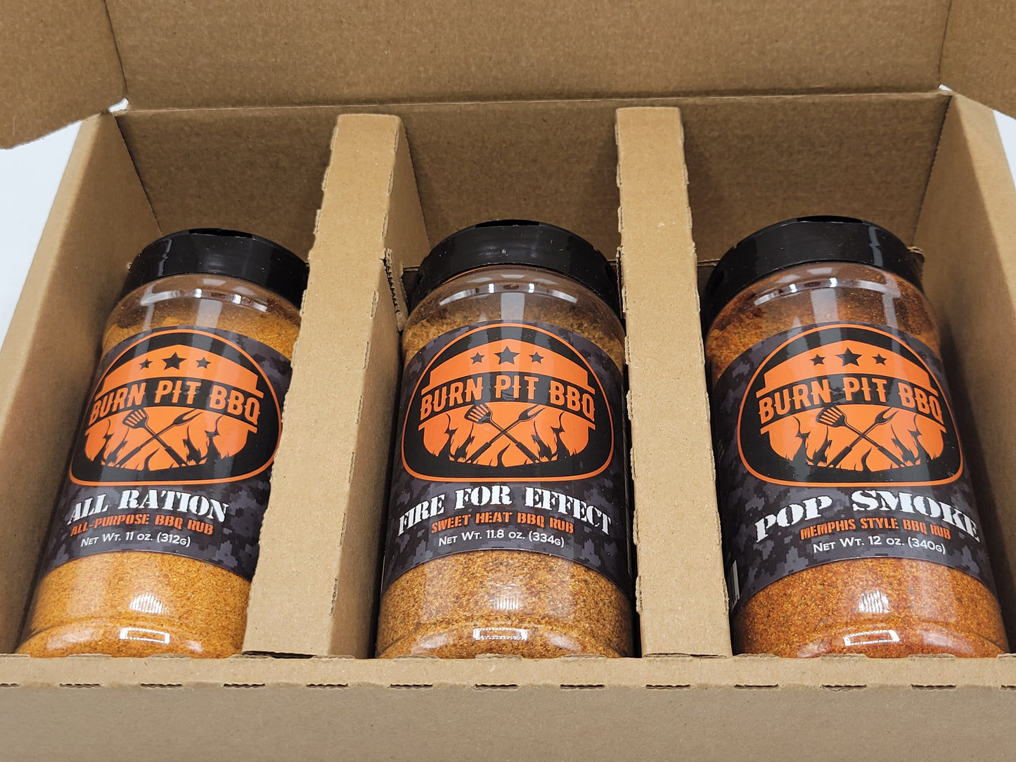 Burn Pit BBQ 3-Pack Gift Box, Memphis Style BBQ Rub, Fire For Effect Sweet Heat Rub, and All Ration All-Purpose BBQ Seasoning, 3 Count Variety Pack