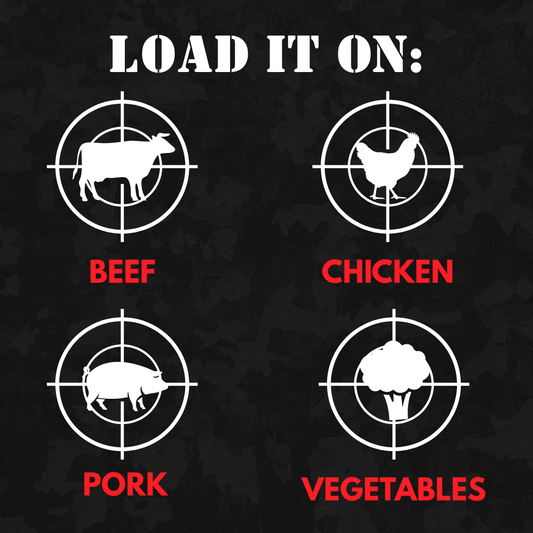 Black background with white icons of a cow, chicken, pig, and cauliflower, each labeled with 'Beef', 'Chicken', 'Pork', and 'Vegetables' respectively.