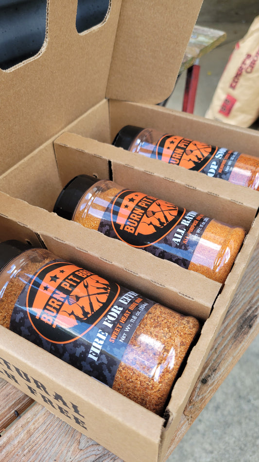 Burn Pit BBQ 3-Pack Gift Box, Memphis Style BBQ Rub, Fire For Effect Sweet Heat Rub, and All Ration All-Purpose BBQ Seasoning, 3 Count Variety Pack